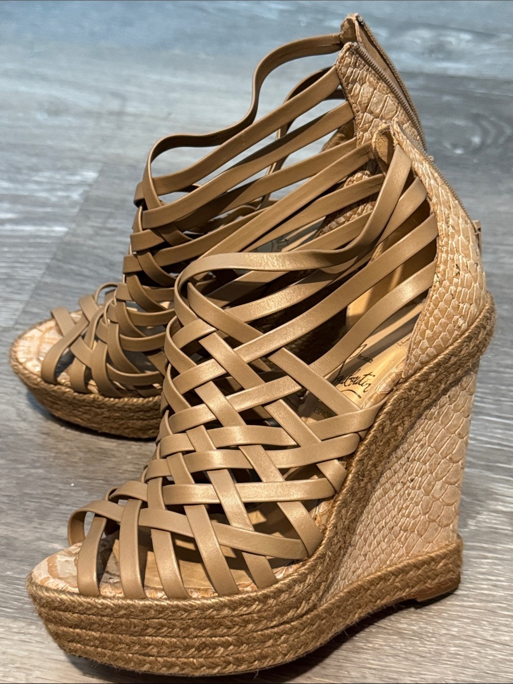 Christian Louboutin Tan Woven Leather Wedge Sandals